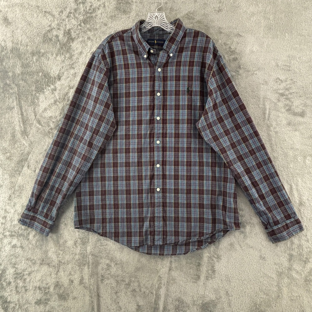 Ralph Lauren Button Down Oxford Shirt Mens XL Blue Plaid Long Sleeve Green Pony